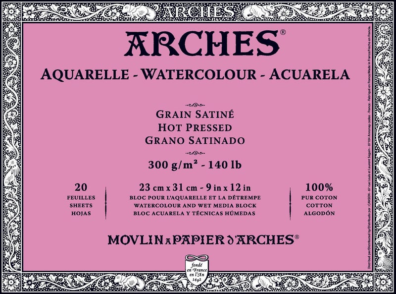 Arches Watercolor Block 140 Pound Hot Press Paper - 9 x 12 Sheets - Image 1
